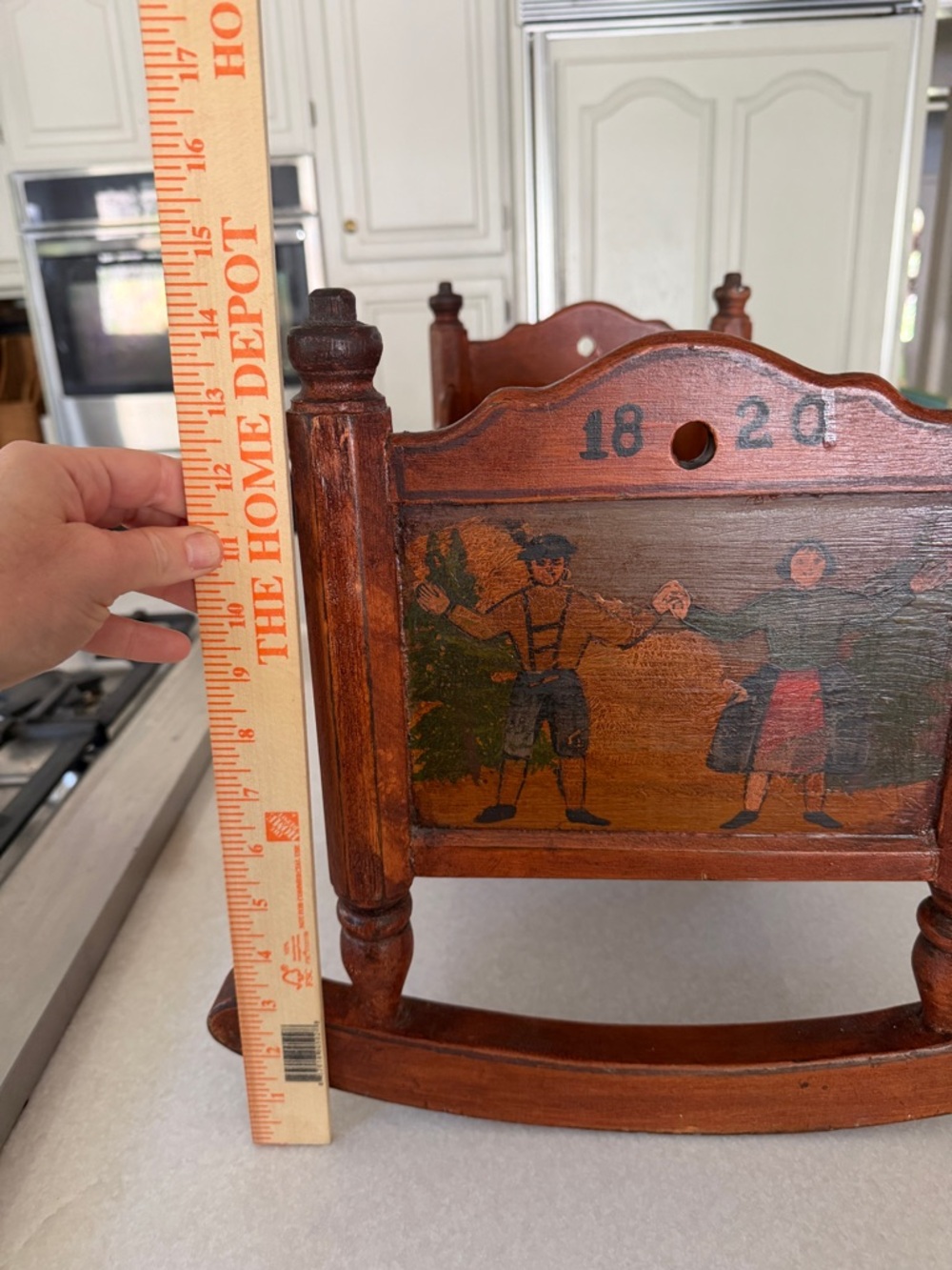 Antique Handcarved Wooden Rocking Cradle with Hand-Painted Couple - Picture 11 of 11
